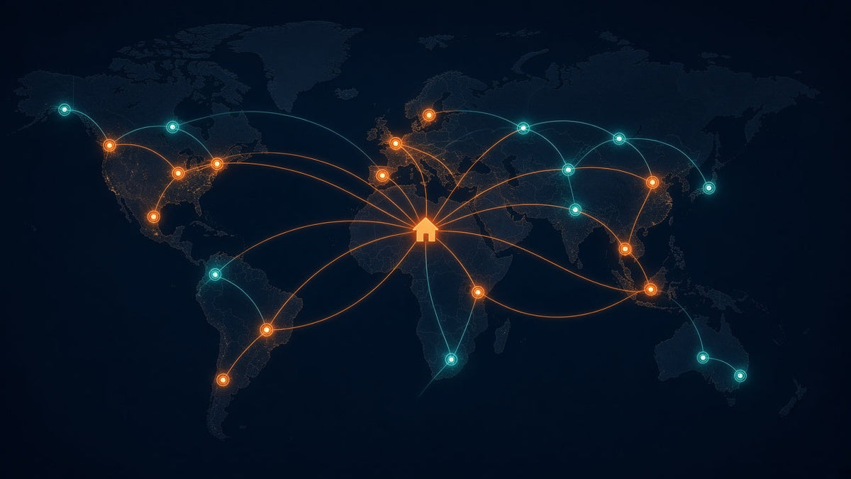 World map with glowing VPN server locations connected to a home