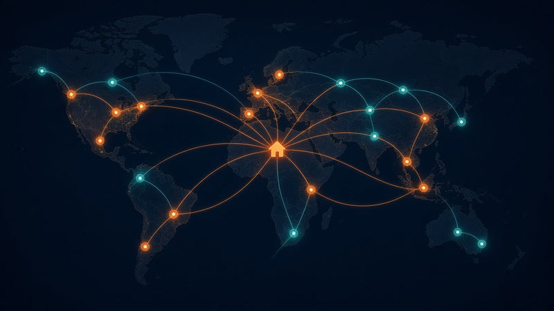 World map with glowing VPN server locations connected to a home
