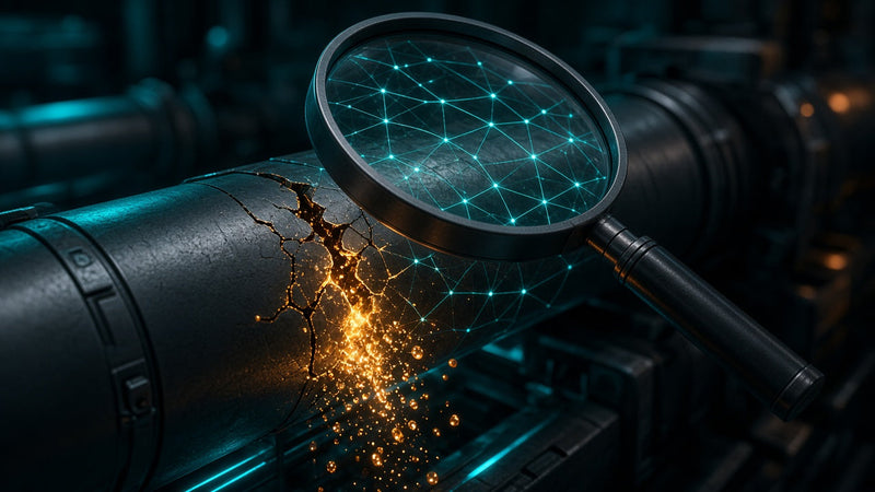 Magnifying glass inspecting a secure network connection for leaks