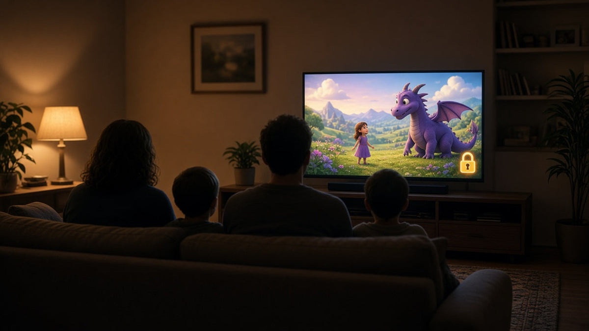 Family watching TV with parental controls lock icon on screen