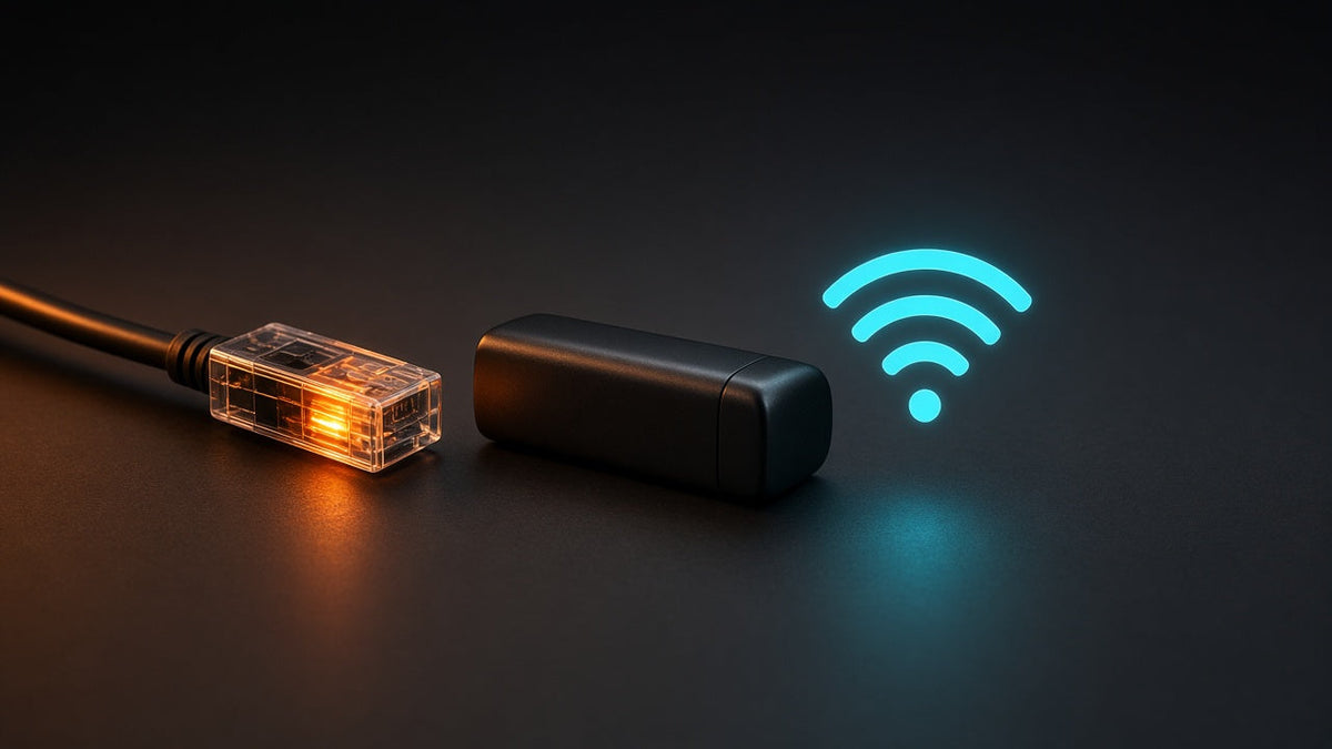 Ethernet cable and Wi-Fi signal icons next to a Fire TV Stick