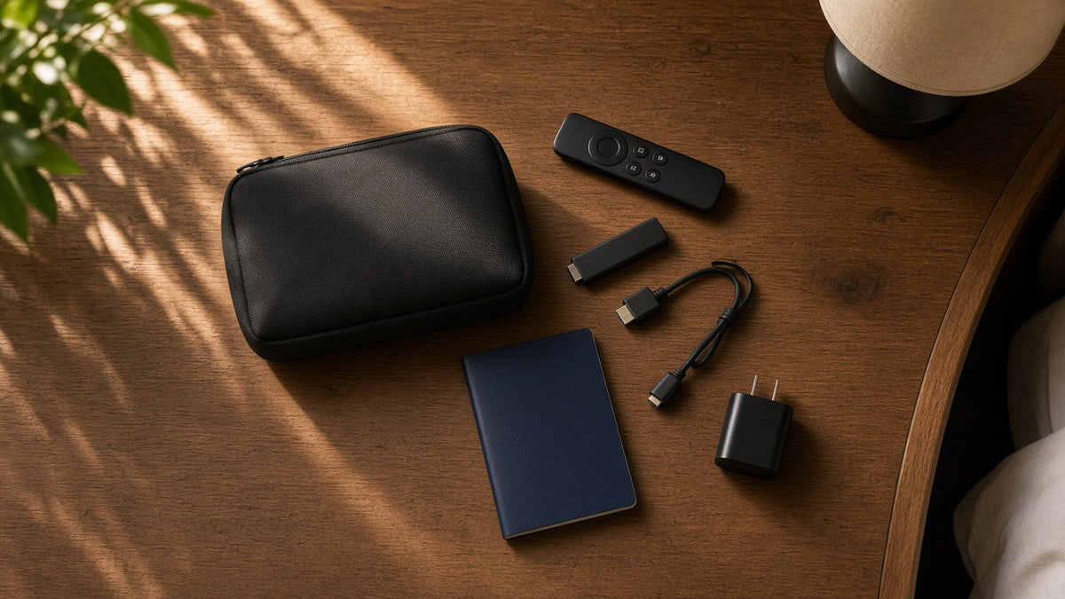 Fire TV Stick packed in a travel bag with a passport