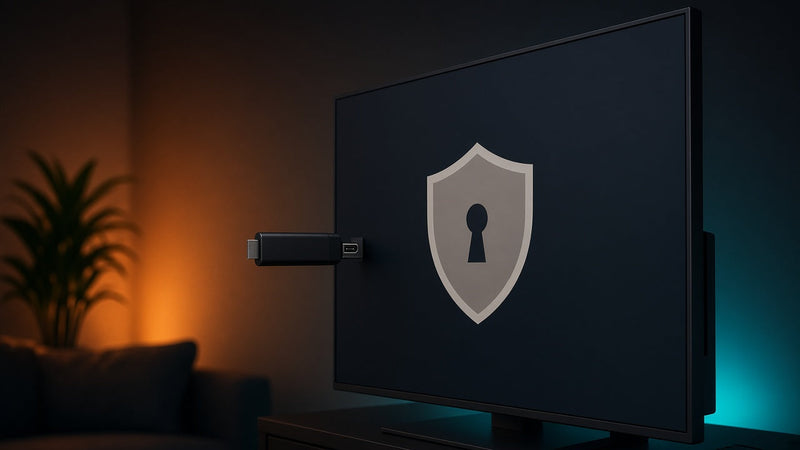 Fire TV Stick plugged into a TV with a VPN shield icon on screen