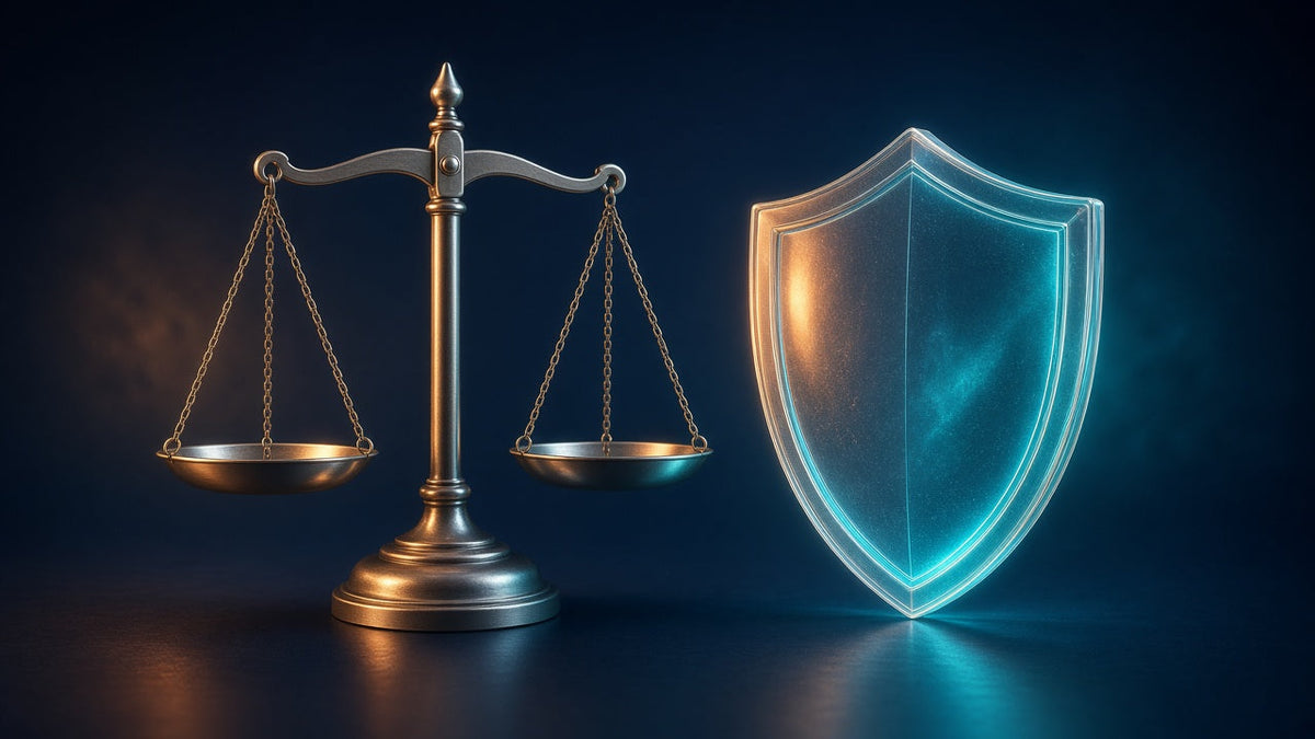 Scales of justice next to a shield representing VPN legality