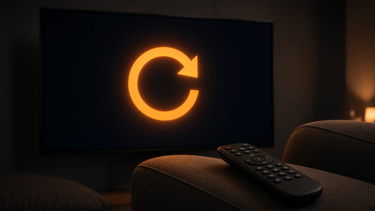 Fire TV Stick with a restart icon on the TV screen