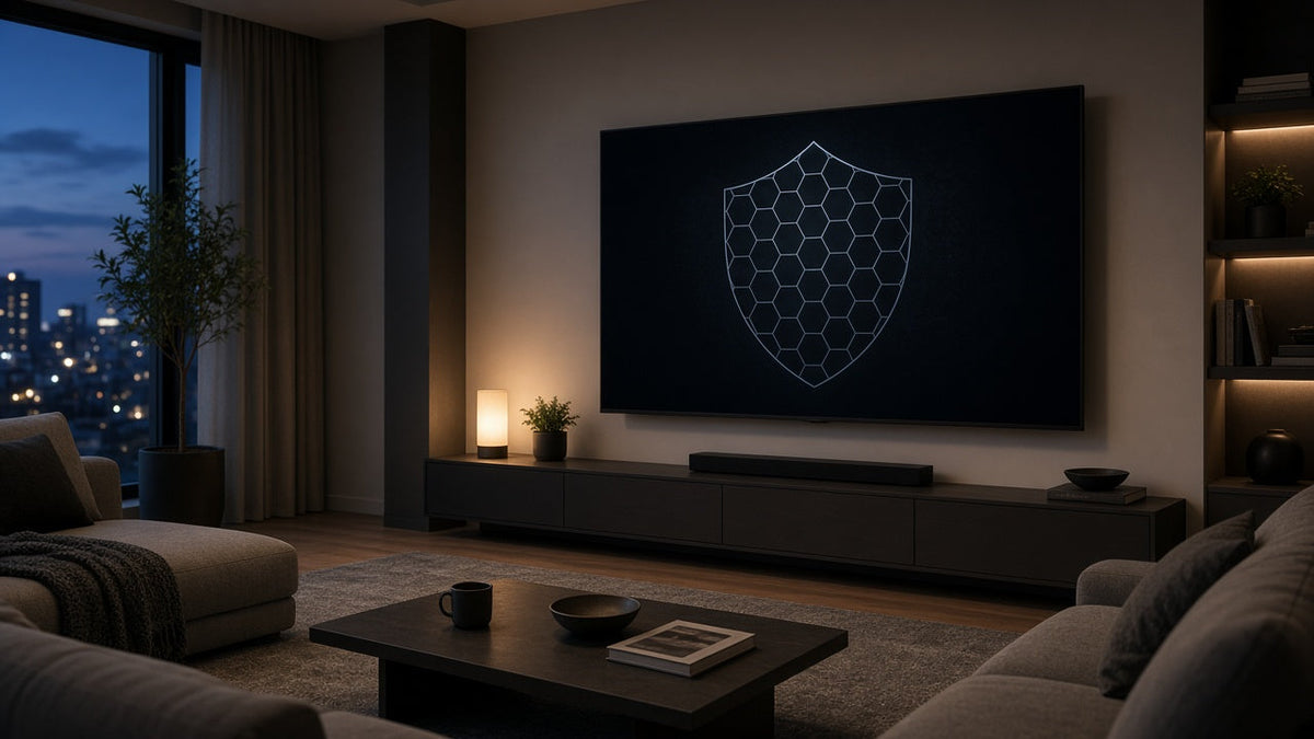 Smart TV in a living room protected by a digital security shield