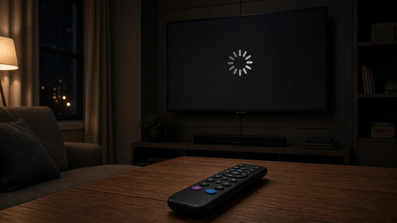 TV showing a buffering wheel with a Fire TV remote on the table