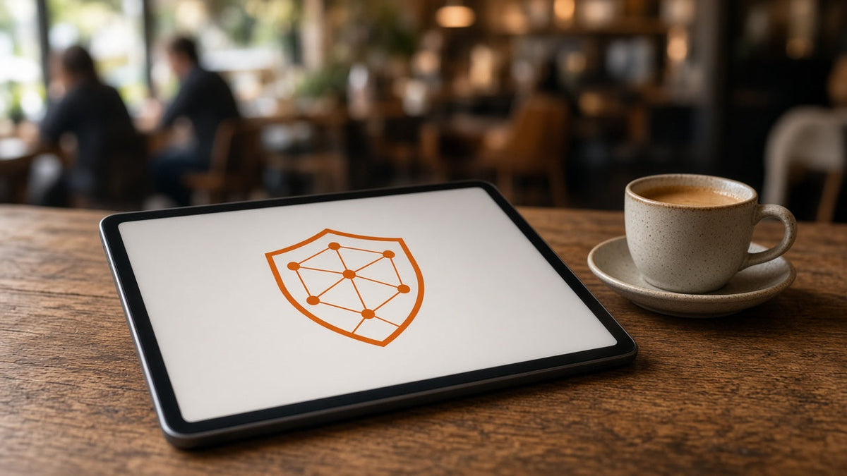 Amazon Fire tablet on a café table showing a VPN connected screen
