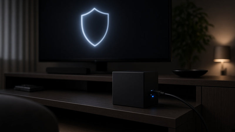 Fire TV Cube on a TV stand with an Ethernet cable and VPN icon