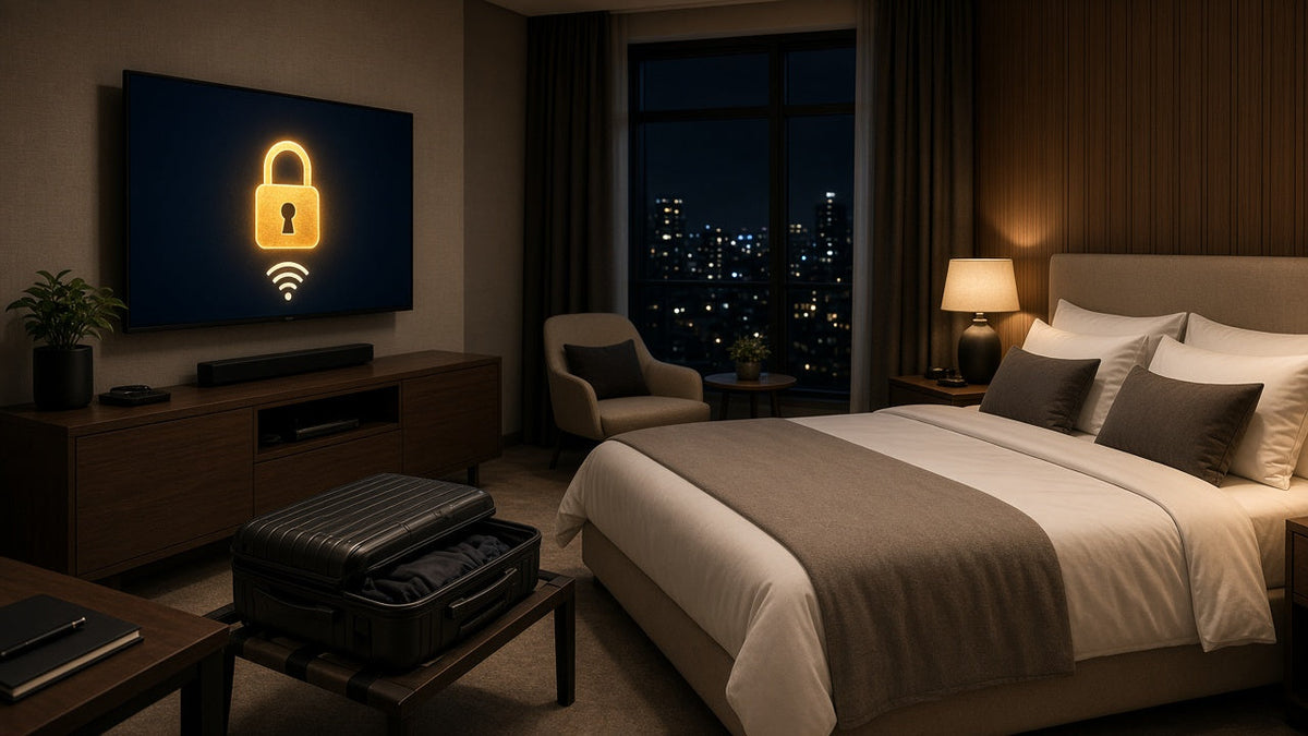 Hotel room TV with a Fire Stick and a secure Wi-Fi padlock icon