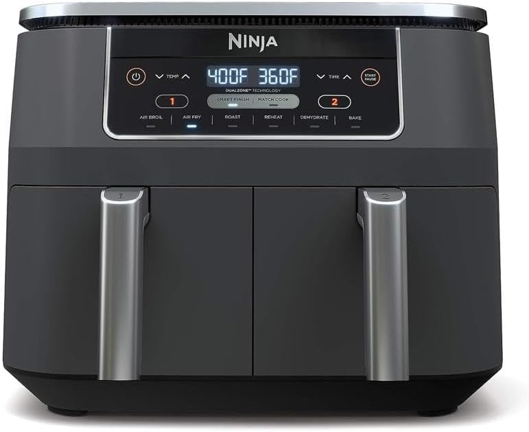 Ninja DZ071 Foodi 6-in-1 FlexBasket Air Fryer with 7-QT MegaZone & Basket Divider for Large Proteins & Full Meals, Smart Finish Cook 2 Foods 2 Ways, Family Sized Capacity, Air Fry, Roast & More, Black