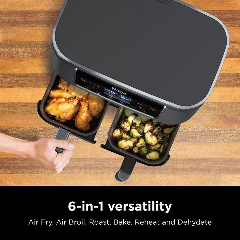 Ninja DZ071 Foodi 6-in-1 FlexBasket Air Fryer with 7-QT MegaZone & Basket Divider for Large Proteins & Full Meals, Smart Finish Cook 2 Foods 2 Ways, Family Sized Capacity, Air Fry, Roast & More, Black
