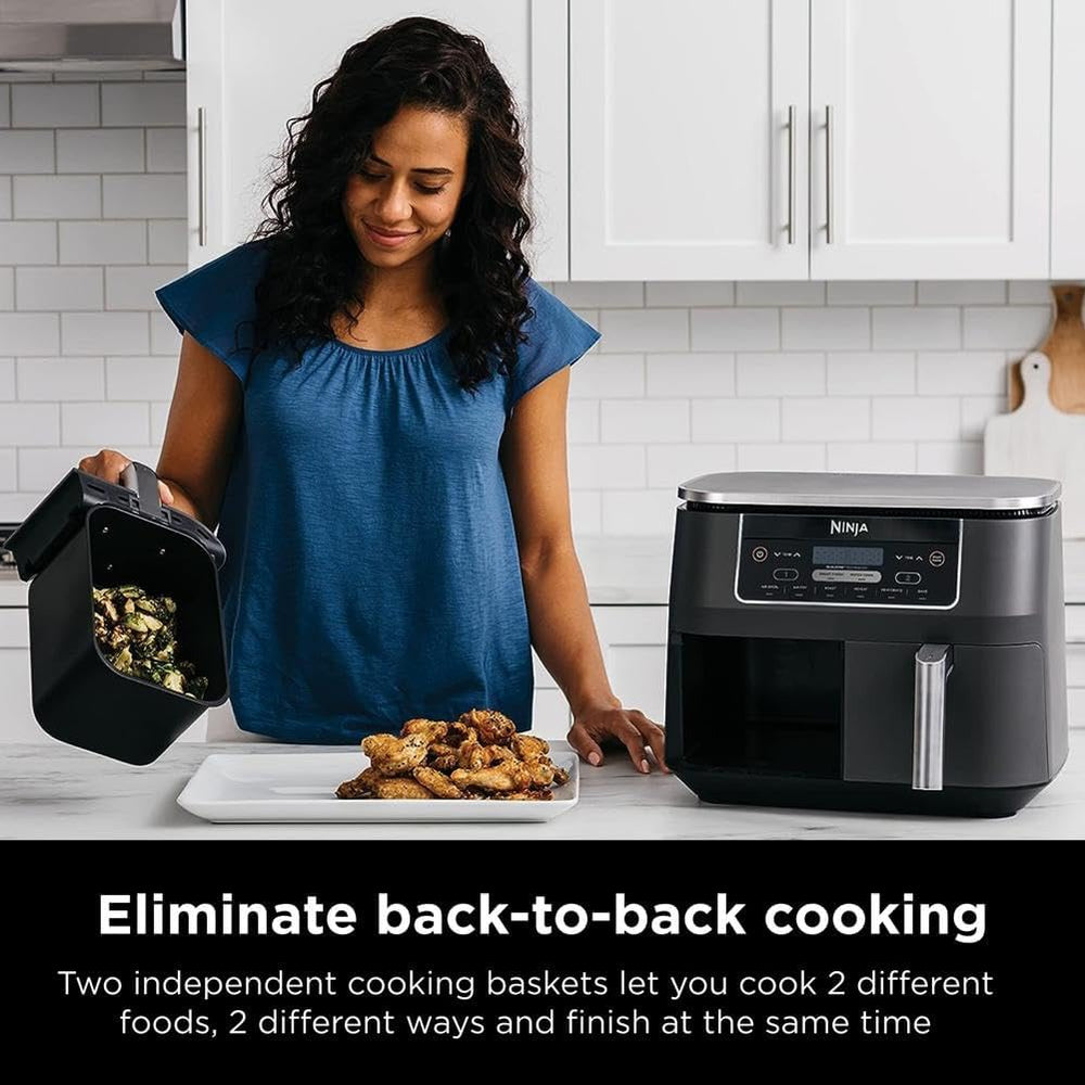 Ninja DZ071 Foodi 6-in-1 FlexBasket Air Fryer with 7-QT MegaZone & Basket Divider for Large Proteins & Full Meals, Smart Finish Cook 2 Foods 2 Ways, Family Sized Capacity, Air Fry, Roast & More, Black