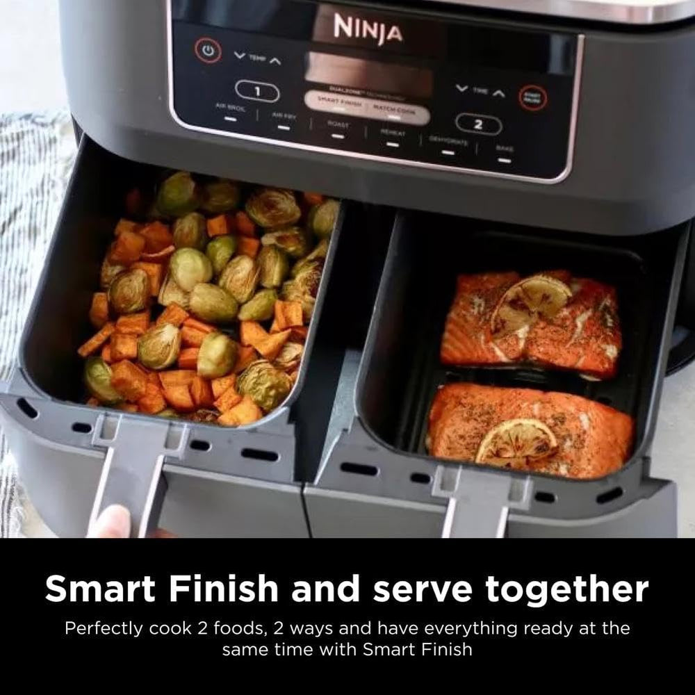 Ninja DZ071 Foodi 6-in-1 FlexBasket Air Fryer with 7-QT MegaZone & Basket Divider for Large Proteins & Full Meals, Smart Finish Cook 2 Foods 2 Ways, Family Sized Capacity, Air Fry, Roast & More, Black