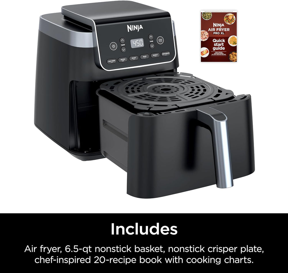 Ninja Air Fryer Pro XL 7-in-1, Max Crisp Tech, 450F for Hotter, Crispy Results, 6.5 QT Capacity fits 9lb wings, Max Crisp, Broil, Air Fry, Roast, Bake, Reheat, Dehydrate, Space Saving, Grey, AF182AMZ