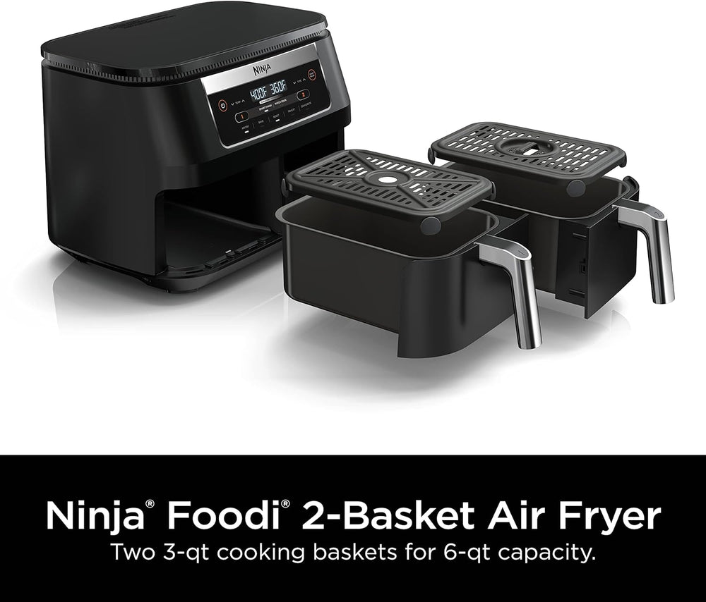 Ninja DZ090 Foodi 6 Quart 5-in-1 DualZone 2-Basket Air Fryer with 2 Independent Frying Baskets, Match Cook & Smart Finish to Roast, Bake, Dehydrate & More for Quick Snacks & Small Meals, Black