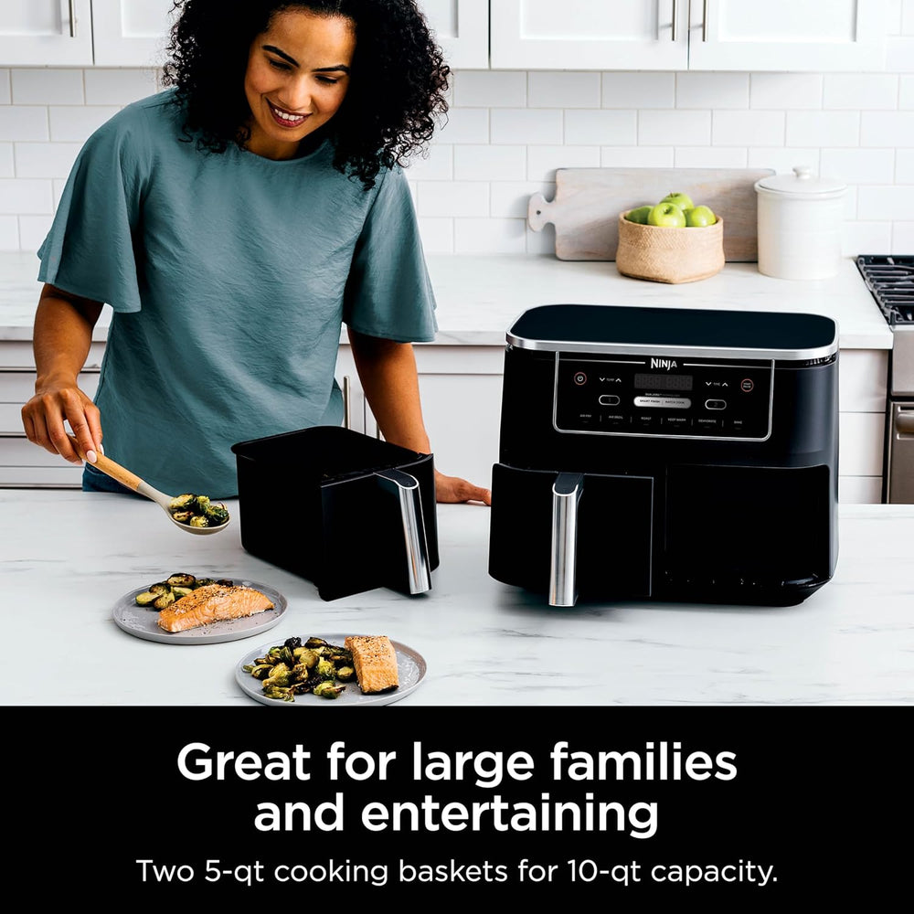 Ninja DZ401 Foodi 10 Quart 6-in-1 DualZone XL 2-Basket Air Fryer with 2 Independent Frying Baskets, Match Cook & Smart Finish to Roast, Broil, Dehydrate for Quick, Easy Family-Sized Meals, Grey