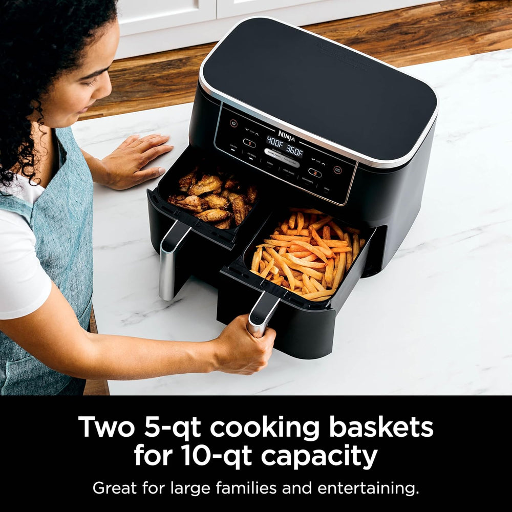 Ninja DZ401 Foodi 10 Quart 6-in-1 DualZone XL 2-Basket Air Fryer with 2 Independent Frying Baskets, Match Cook & Smart Finish to Roast, Broil, Dehydrate for Quick, Easy Family-Sized Meals, Grey