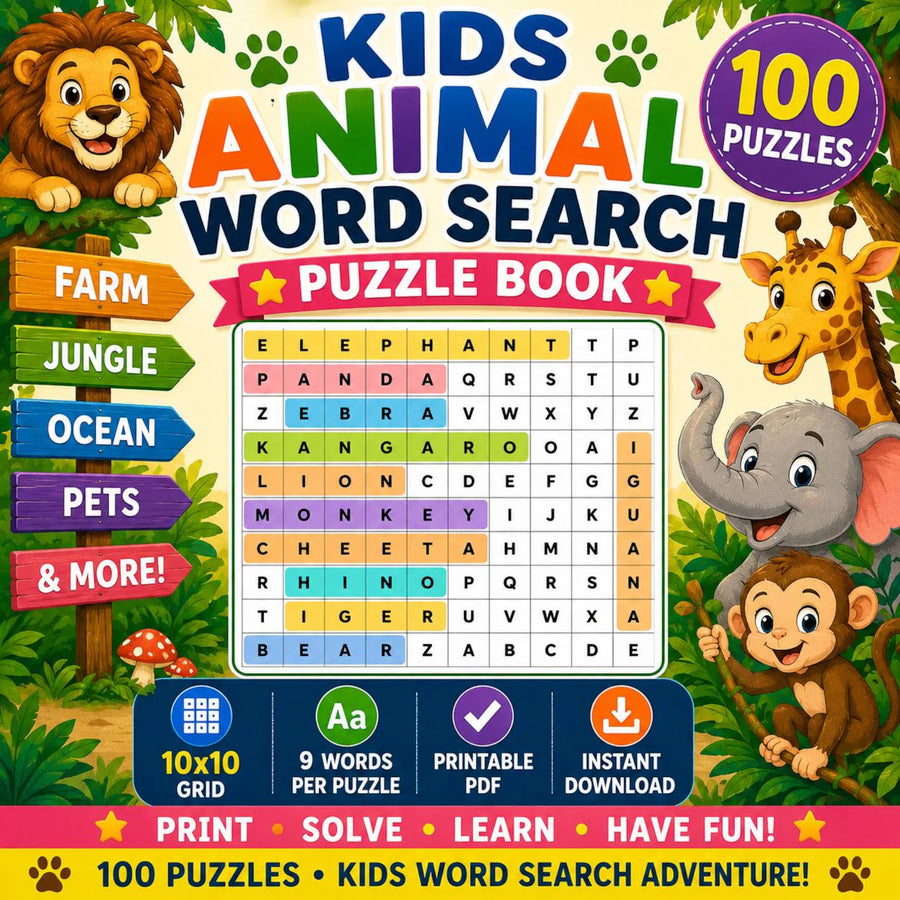 Kids Animal Word Search Puzzle Book | 100 Printable Puzzles (PDF Download)