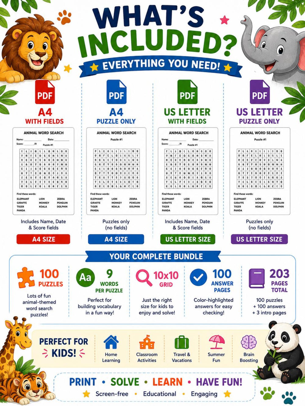 Kids Animal Word Search Puzzle Book | 100 Printable Puzzles (PDF Download)