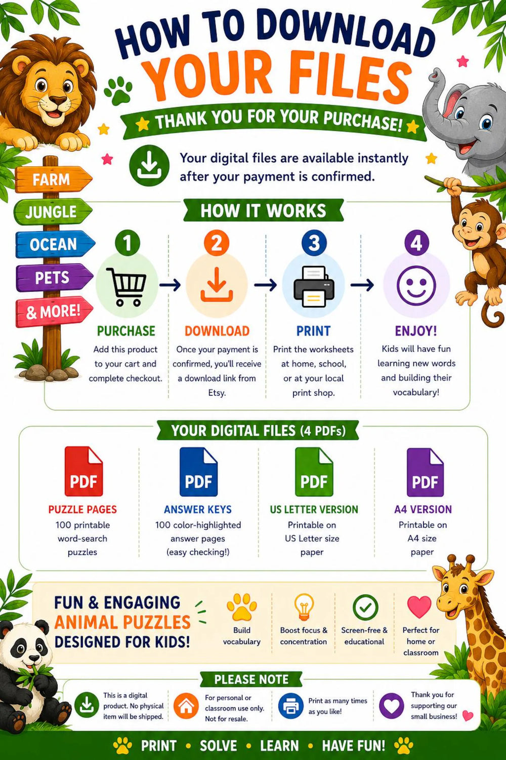 Kids Animal Word Search Puzzle Book | 100 Printable Puzzles (PDF Download)