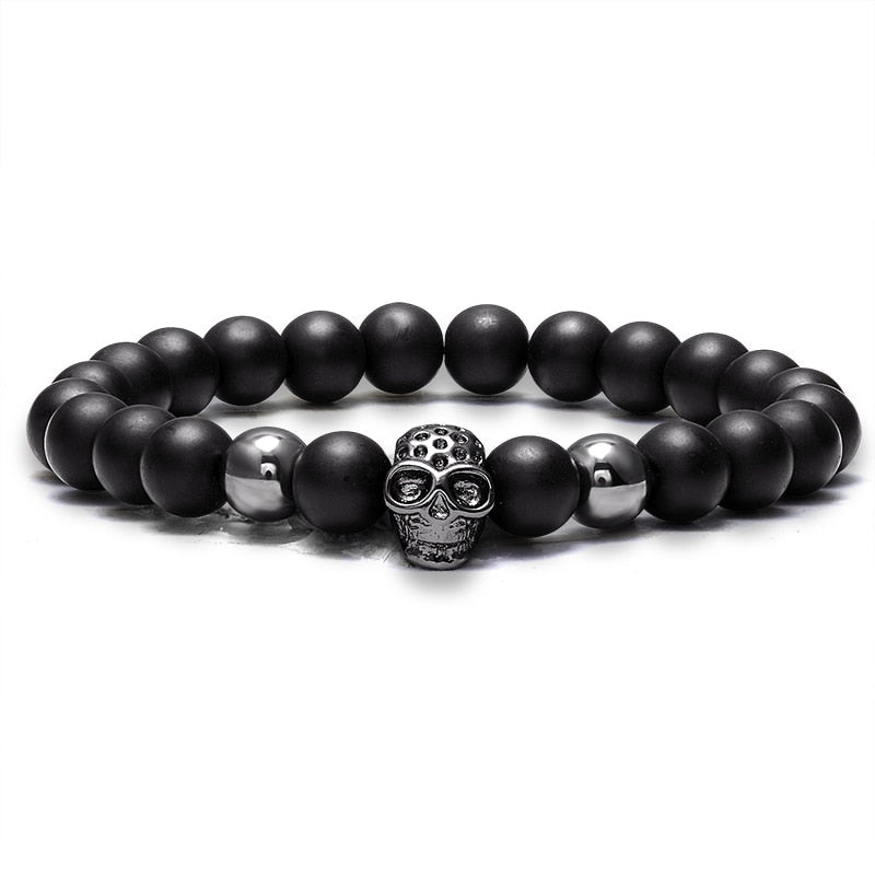 LIVVY Charm Stone Natural Pearl Men's Bracelet Punk CZ Head Skeleton Bracelet Men's Fashion Bead Bracelet